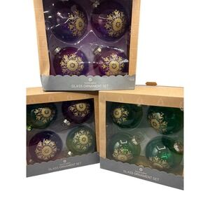 Large 4" Ball Handcrafted‎ Glass Ornament Set Purple Green Gold Snowflake